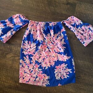 Lilly Pulitzer Blue and Pink Asymmetrical Off-Shoulder Blouse